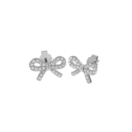 Pave CZ Bow Sterling Silver Rhodium Stud Earrings