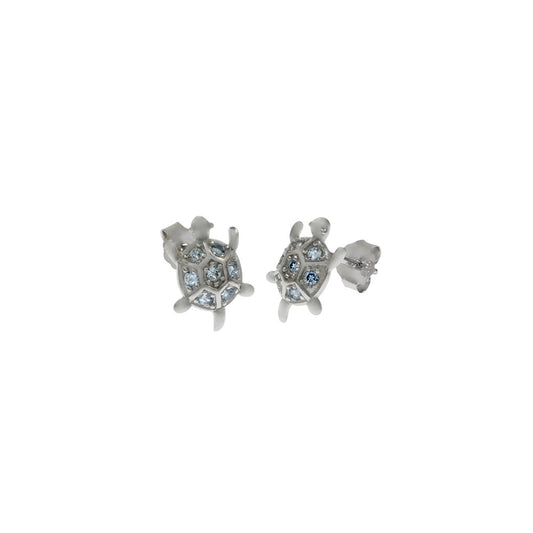 CZ Aquamarine Turtle Rhodium Stud Earrings