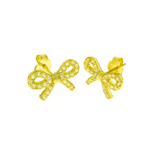 Pave CZ Bow Gold Plated Stud Earrings