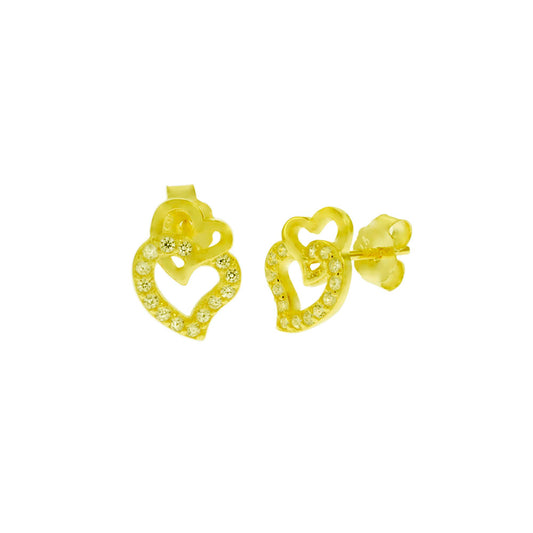 Double Heart CZ Gold Plated Stud Earrings