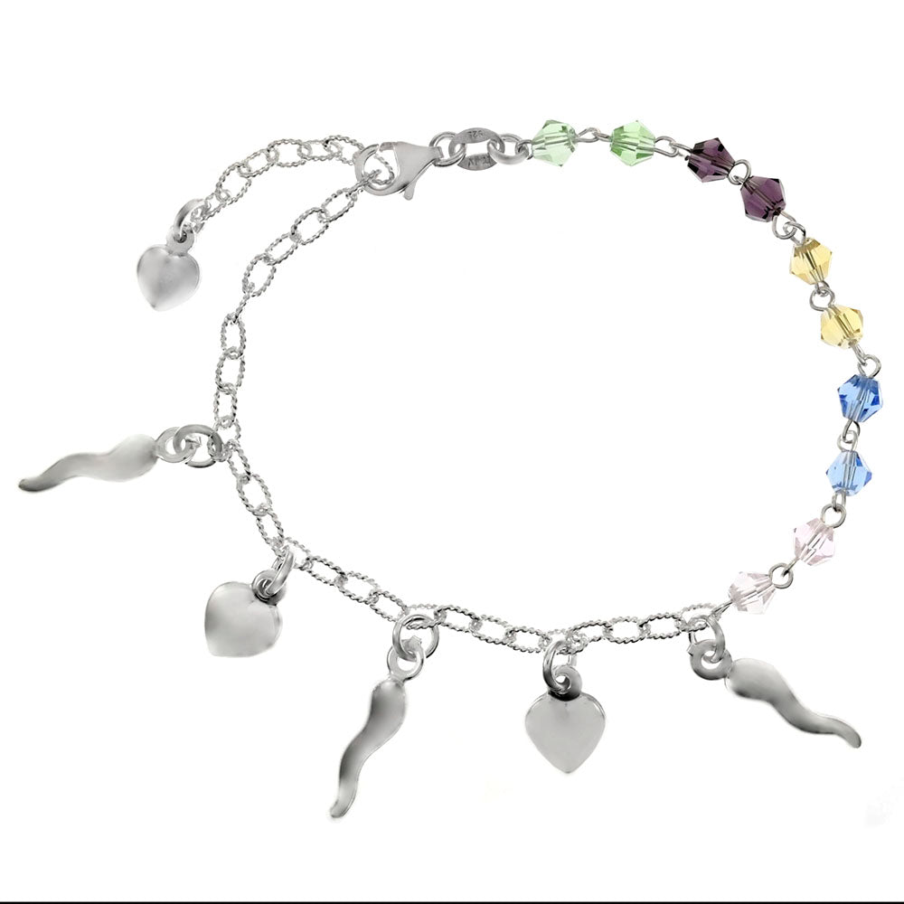 Horn Heart Multi Color Crystal Charm Bracelet