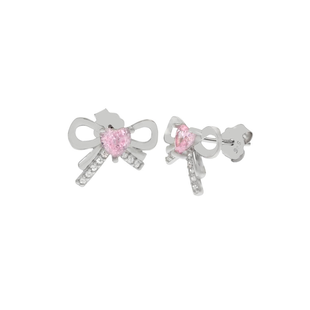 Pink Heart CZ Bow Sterling Silver Stud Earrings