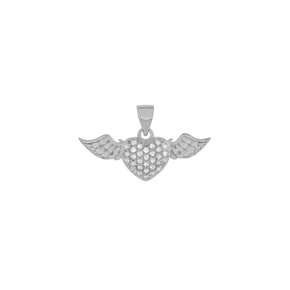 Pave Heart Angle Wings Sterling Silver Pendant