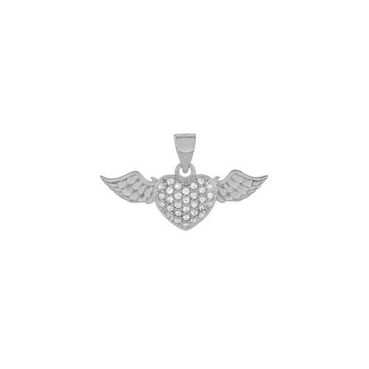 Pave Heart Angle Wings Sterling Silver Pendant