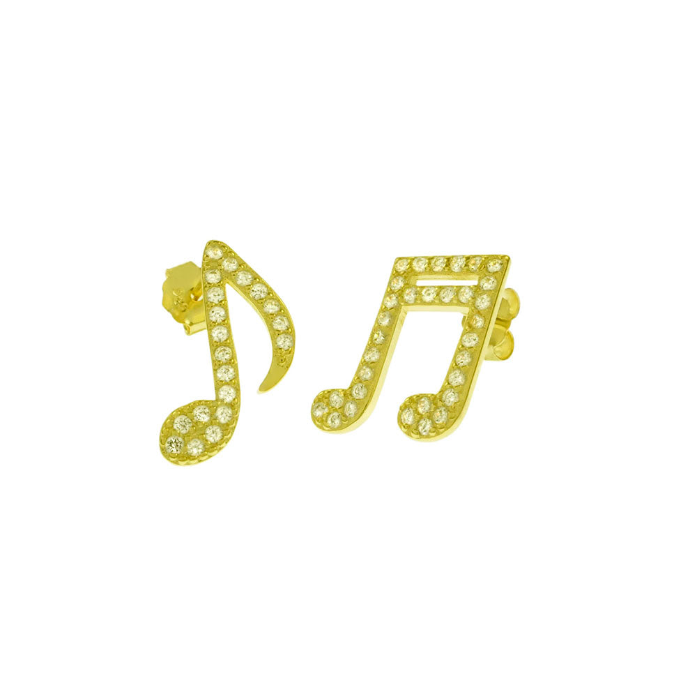 Pave CZ Music Note Gold Plated Stud Earrings