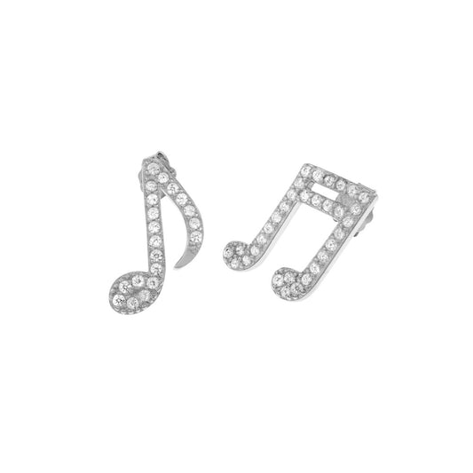 Pave CZ Music Note Rhodium Stud Earrings