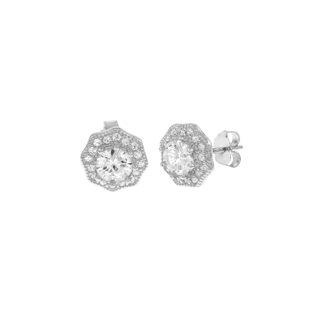 Octagon Halo Sterling Silver Stud Earrings