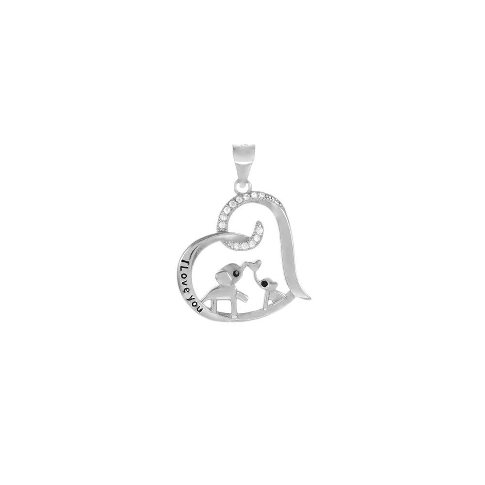 Heart with Elephants Sterling Silver Rhodium Pendant