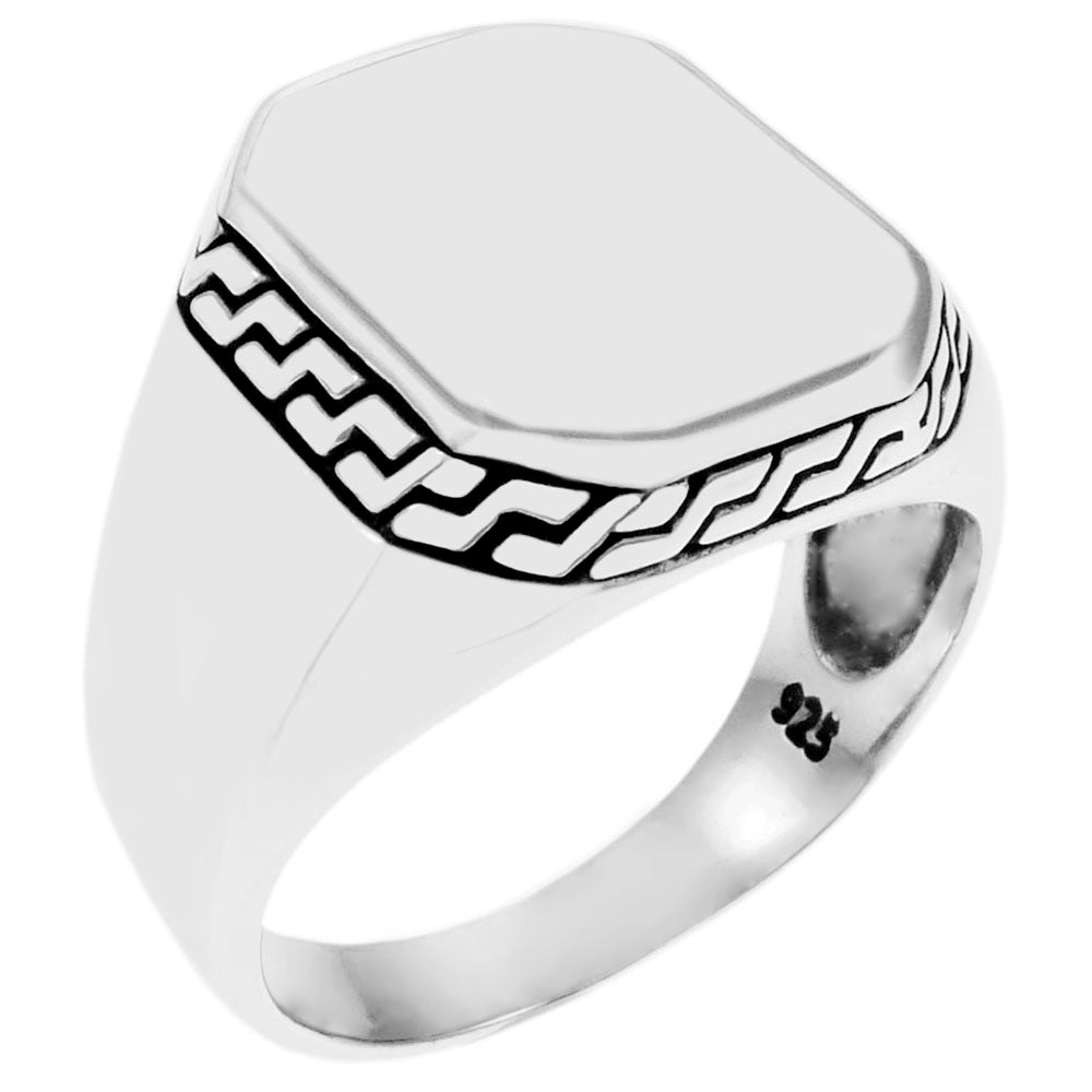 Octagon Engravable Oxidized Polished Sterling Silver Men Ring