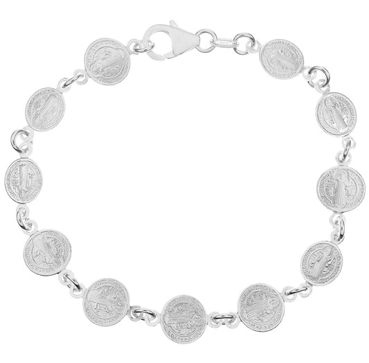 Saint Benedict Round Medal Sterling Silver Bracelet