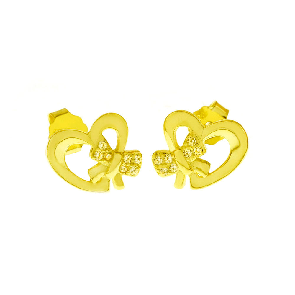 CZ Bow Heart Gold Plated Stud Earrings