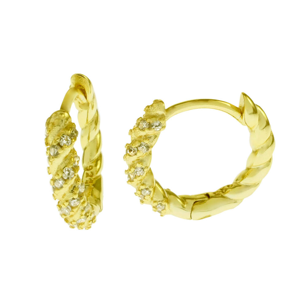 .925 Sterling Silver Round CZ Gold Plated Twisted Huggie Hoop Earrings