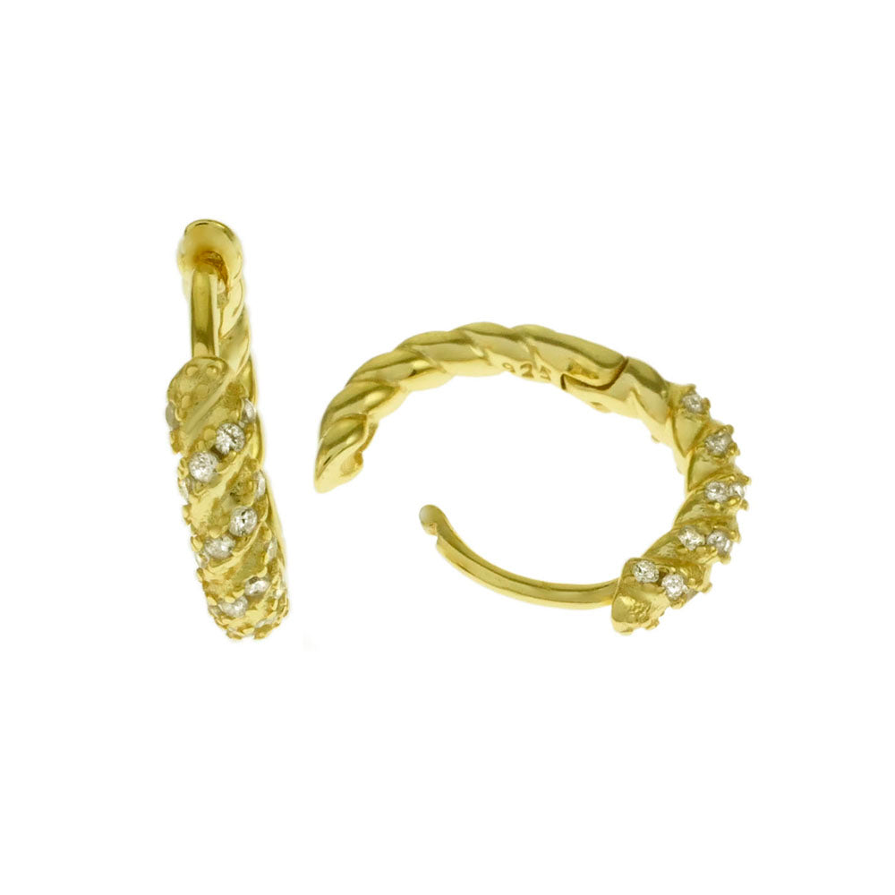 .925 Sterling Silver Round CZ Gold Plated Twisted Huggie Hoop Earrings