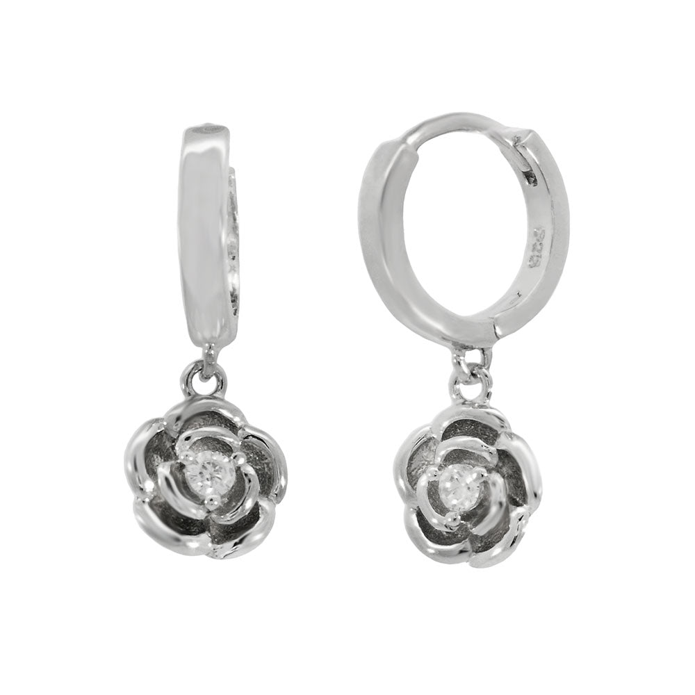 tiny rose drop charm silver huggie hoop earrings