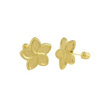 Plumeria Flower 14K Gold Screw Back Stud Earrings