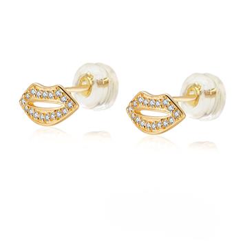 Micro pave CZ Lips 14K Gold Silicon Backing Stud Earrings
