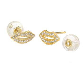 Micro pave CZ Lips 14K Gold Silicon Backing Stud Earrings