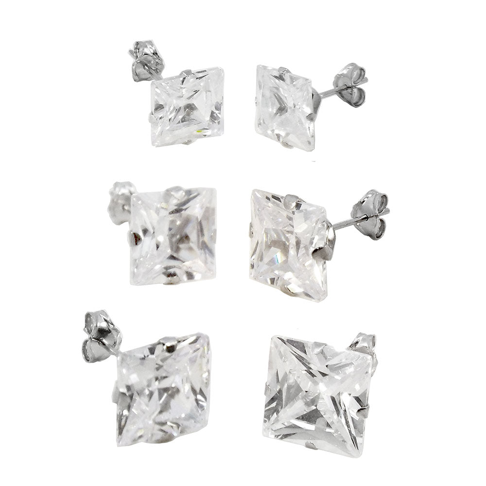 14K White Gold Princess Cut Push Back Stud Earrings