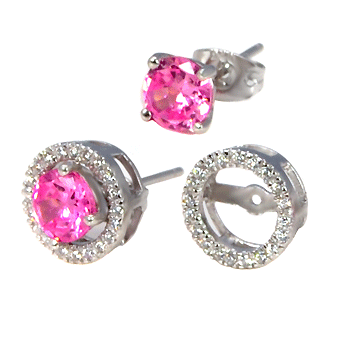 Sterling Silver Round Pink Halo Earring Jackets & Pendant Set