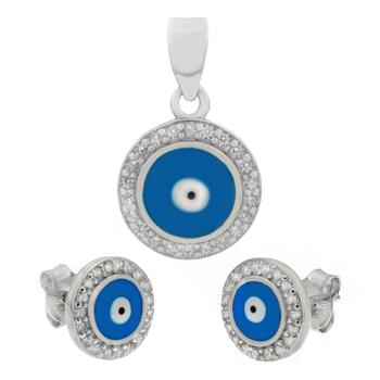 Sterling Silver Light Blue Evil-Eye Earrings & Pendant Set