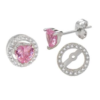 Sterling Silver Halo 6mm Pink CZ Heart Jacket Earrings