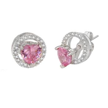 Sterling Silver Halo 6mm Pink CZ Heart Jacket Earrings