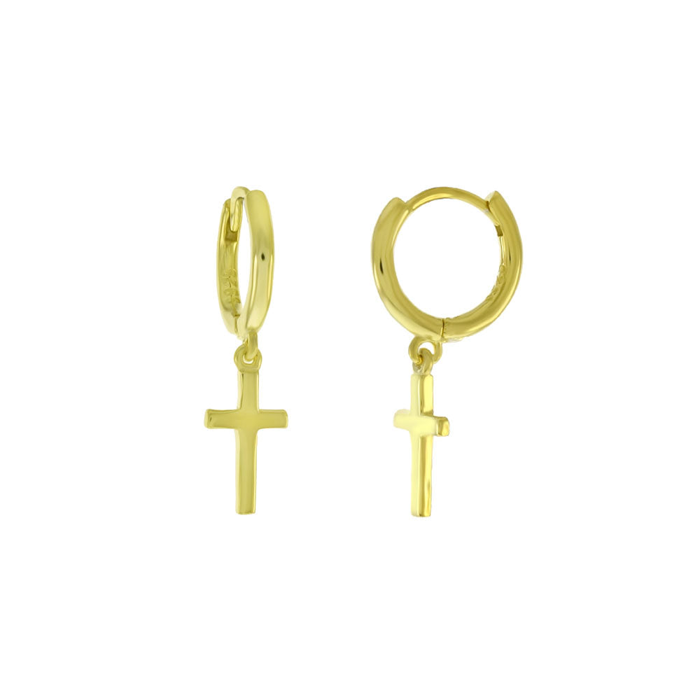 Dangle Cross Huggie Hoop Gold Plated Earrings