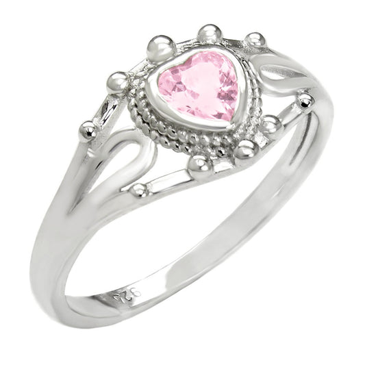 Sterling Silver Pink CZ Heart Rhodium Ring