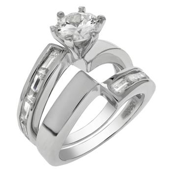 Round Cut - Side Baguette Sterling Silver Wedding Ring Set