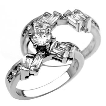 Round - Baguette CZ Sterling Silver 2 Rings Set