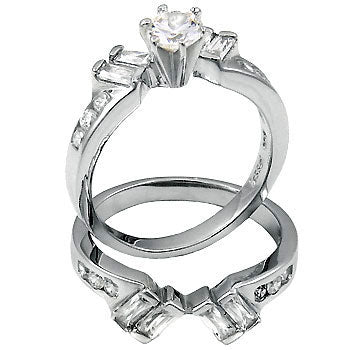 Round - Baguette CZ Sterling Silver 2 Rings Set