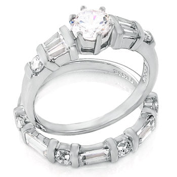 Round - Baguette - Trapezium Silver Wedding Ring Set