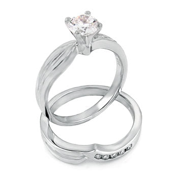 Solitaire Sterling Silver Wedding Ring Set