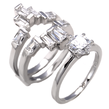 Solitaire - Baguette CZ Sterling Silver Ring Set