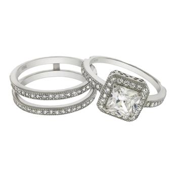 6mm Princess Cut Halo Sterling Silver Wedding Ring Set