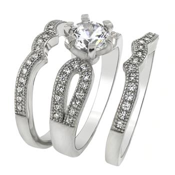 Solitaire CZ 3 Pieces Sterling  Silver Bridal Ring Set