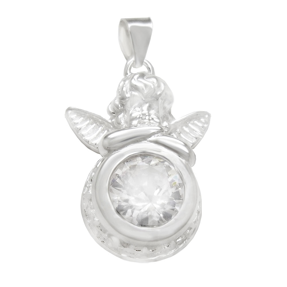 10mm Round CZ Sterling Silver Angel Pendant