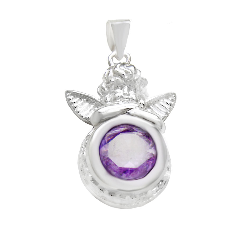 10mm Round CZ Amethyst Sterling Silver Angel Pendant