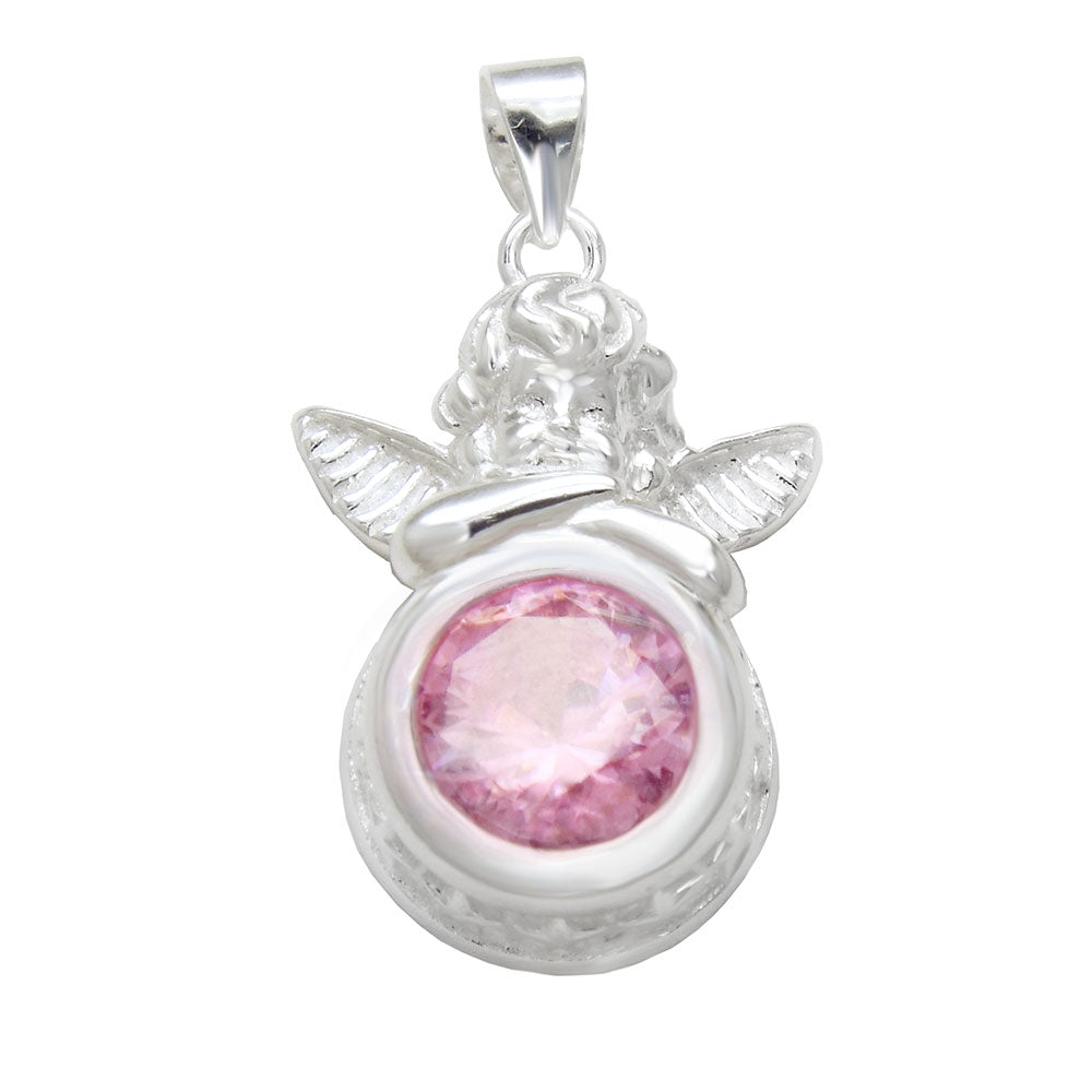 10mm Round Pink CZ Angel Sterling Silver Pendant