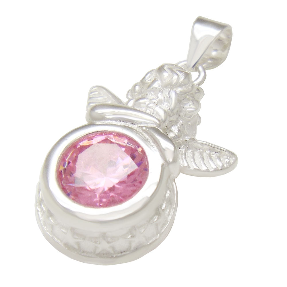 10mm Round Pink CZ Angel Sterling Silver Pendant