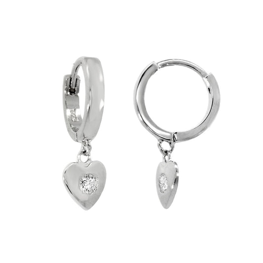 Dangle Heart with CZ Rhodium Huggie Hoop Earrings