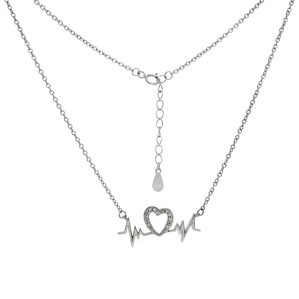 Sterling Silver Heartbeat & CZ Heart Rhodium Necklace