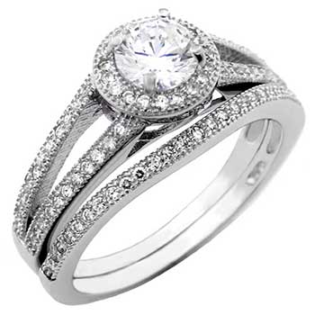 5mm Round Cubic Zirconia Halo Wedding Ring Set