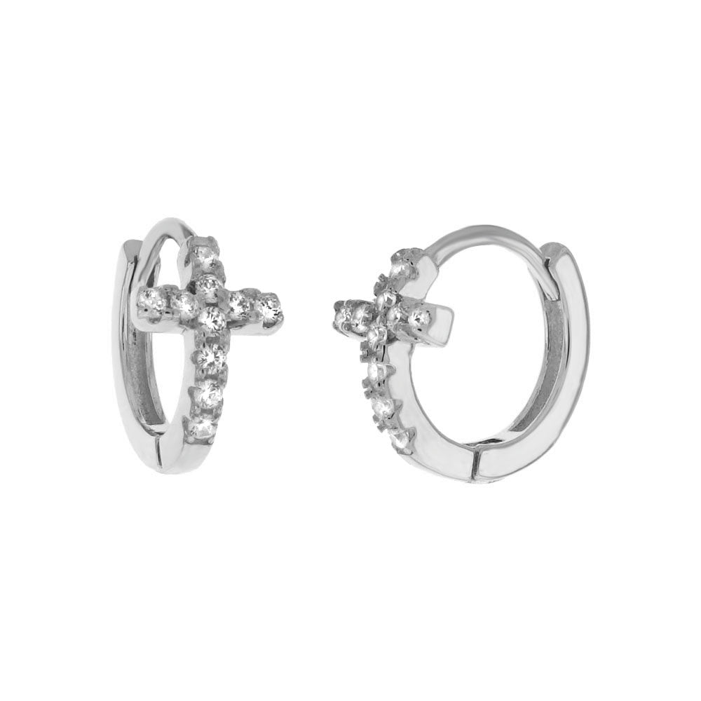 Sterling Silver CZ Cross Huggie Hoop Earrings