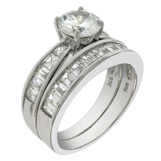 Round 7mm Solitaire with Princess-Cut Baguette CZ Wedding Ring Set