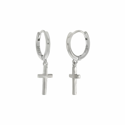 Rhodium Dangle Cross Huggie Hoop Earrings