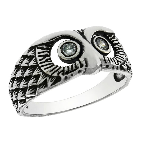 Sterling Silver Oxidized Owl Ring W. Eyes Cubic Zirconia