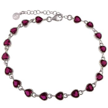 Red CZ Heart Bezel Set Sterling Silver Rhodium Bracelet