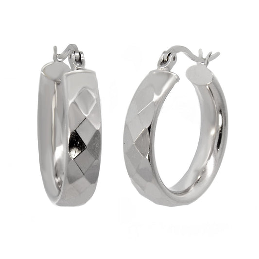 .925 Sterling Silver Diamond Cut Rhodium Hoop Earrings