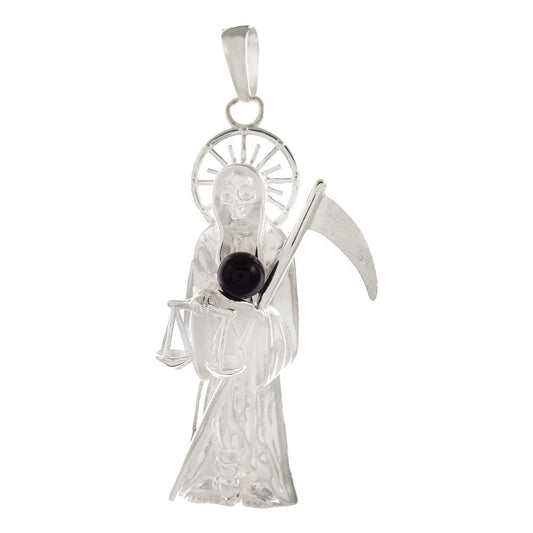 Sterling Silver Santa Muerte W. Black Onyx Ball Pendant